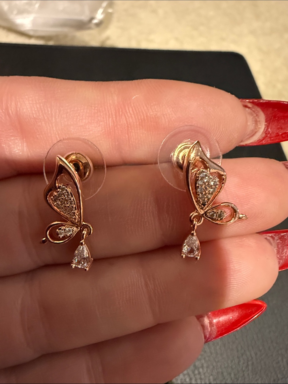 Rose Gold Butterfly Drop Earrings with CZ Accents